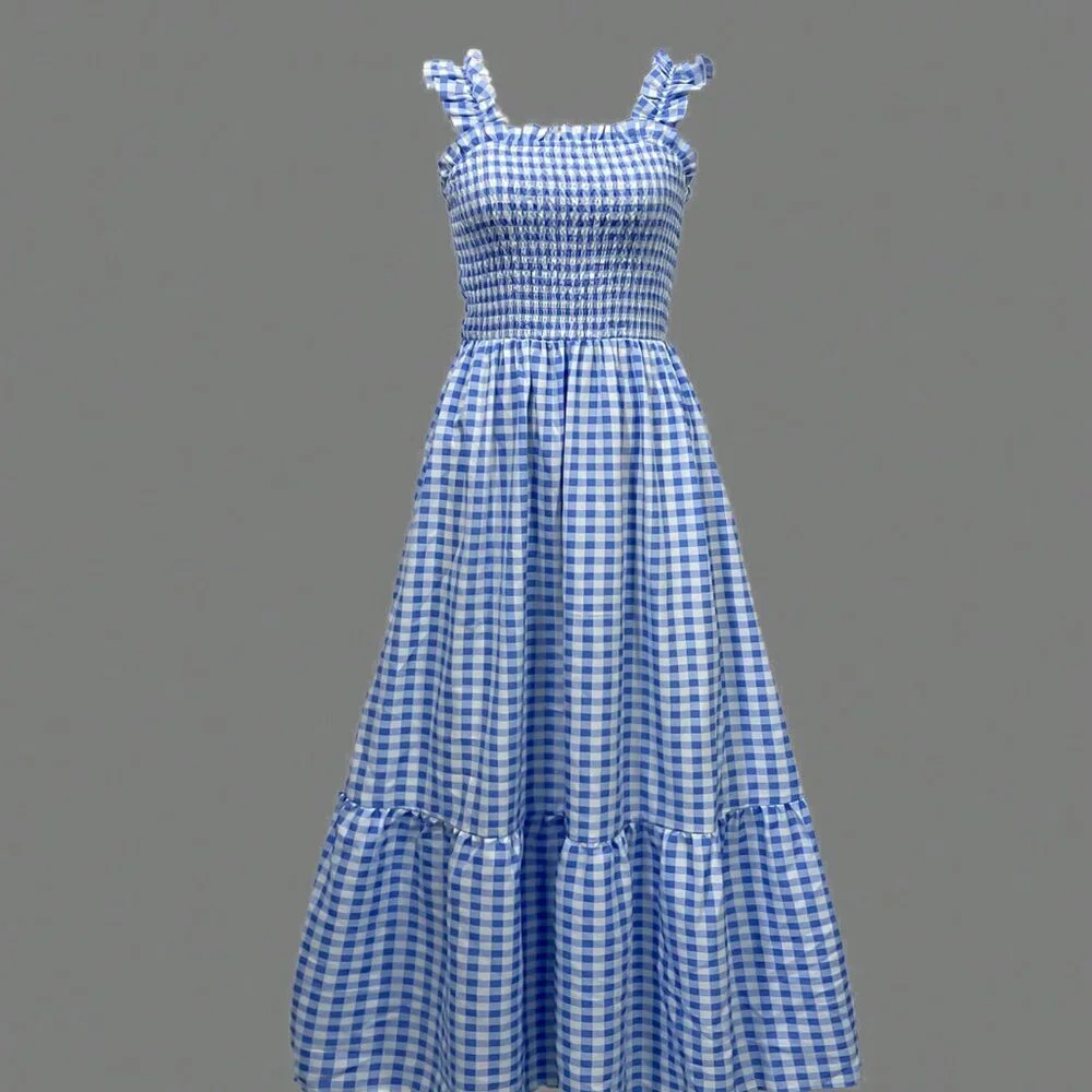 Multicolor Boho Women's Elegant Vacation Plaid Dress With Ruffled Straps - Picture 5 of 5